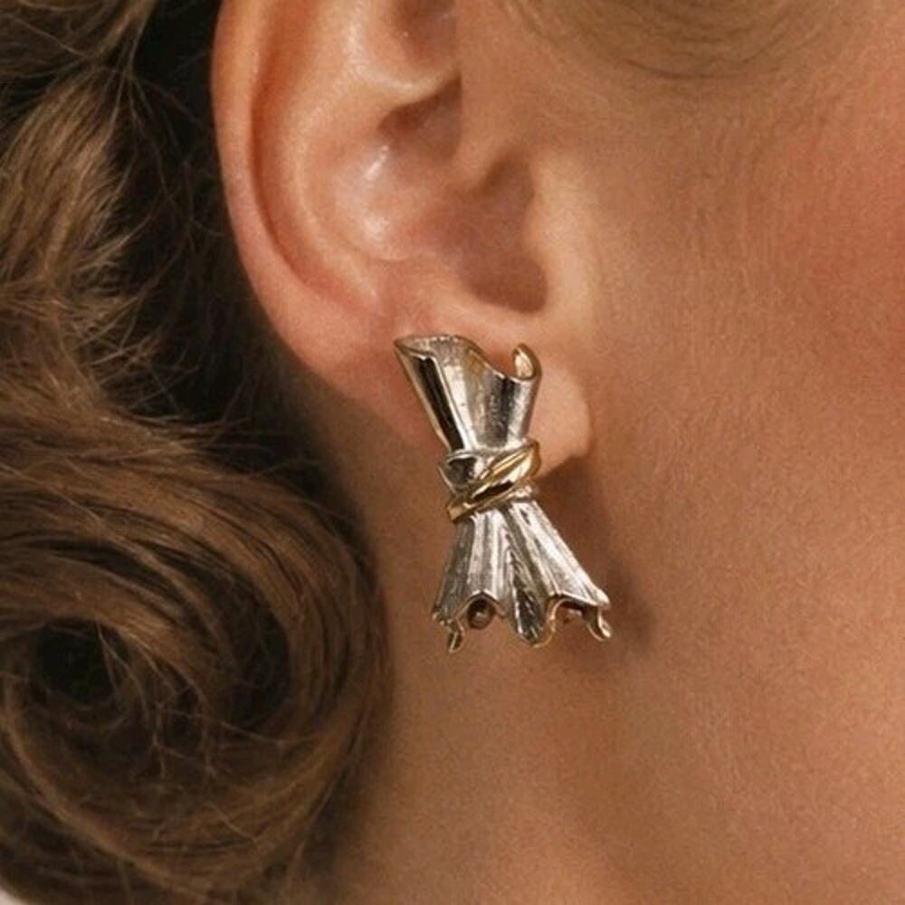 Vintage 1970s MARVELLA Clip On Earrings Brushed Silver Tone & Gold Tone Signed